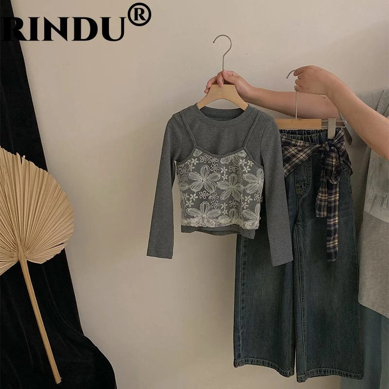 Rindu女童韩版秋季新蕾丝花朵假两件上衣2025格子屁帘休闲牛仔裤