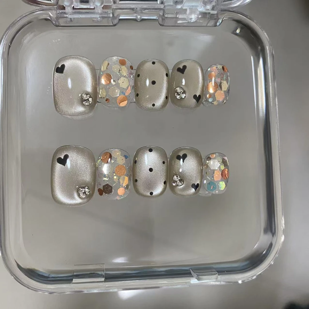 心相印玻璃珠猫眼波点碎钻爆闪高级纯手工制作穿戴甲美甲片显白