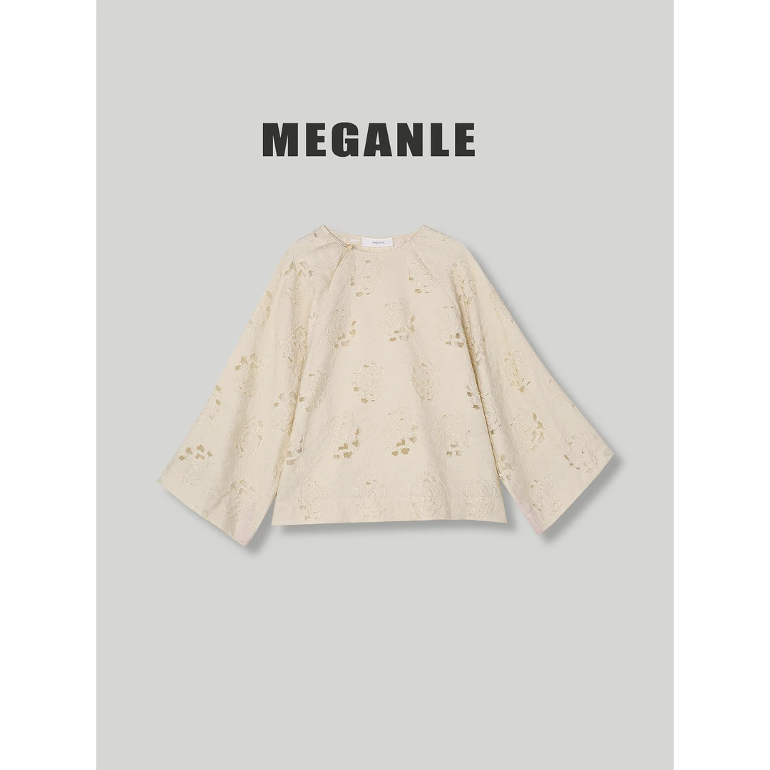 【芳华】MEGANLE-25/早春新款  重工玫瑰磨破镂空休闲上衣2024091