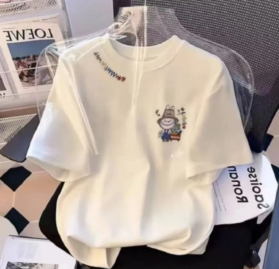 时尚圆领男女情侣同款休闲百搭印花T恤-波浪胸标-拉布布