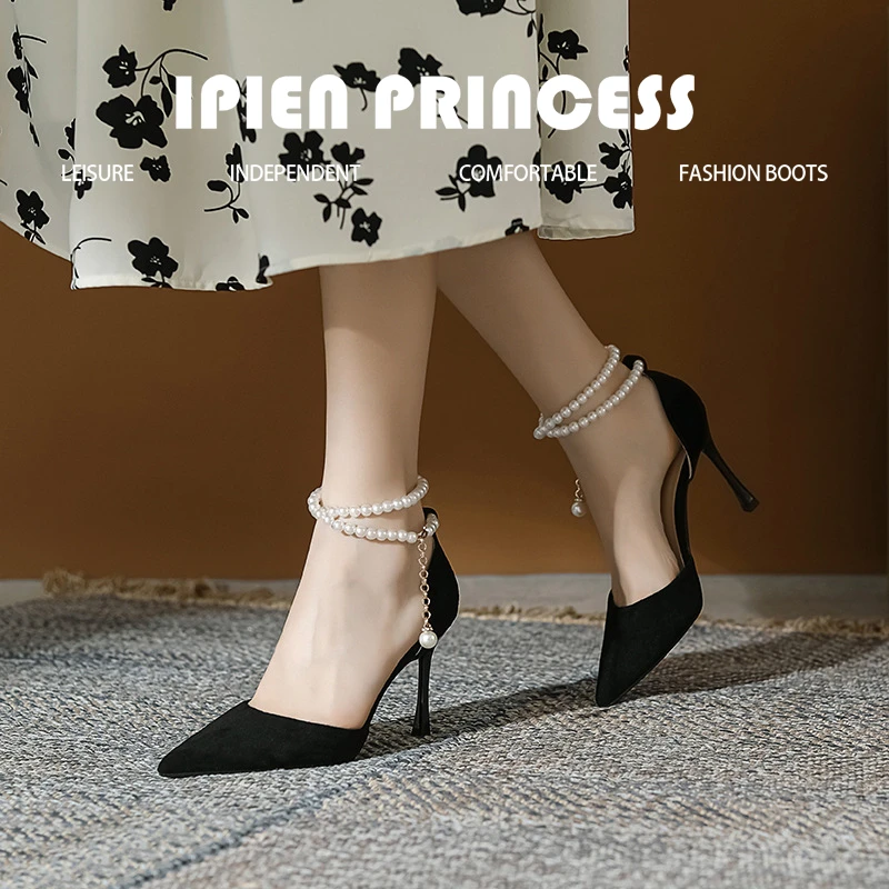 黑色珍珠一字带细跟高跟鞋女新款尖头女士气质鞋子轻奢女鞋成年礼