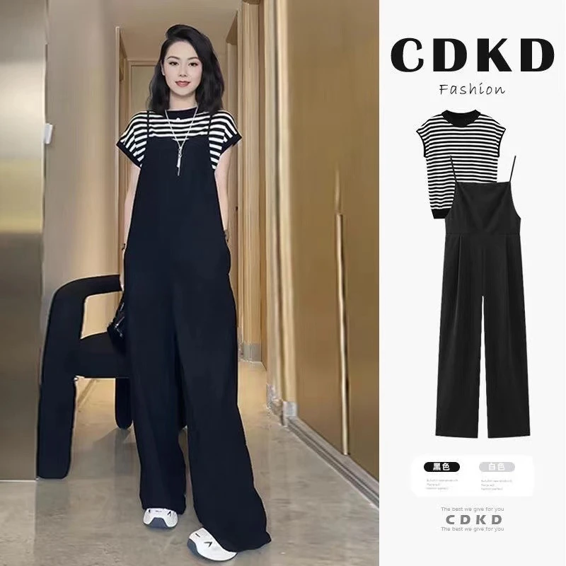 小香风白色套装夏季轻奢女装背带裤显瘦胖妹妹显瘦裤子内搭两件套