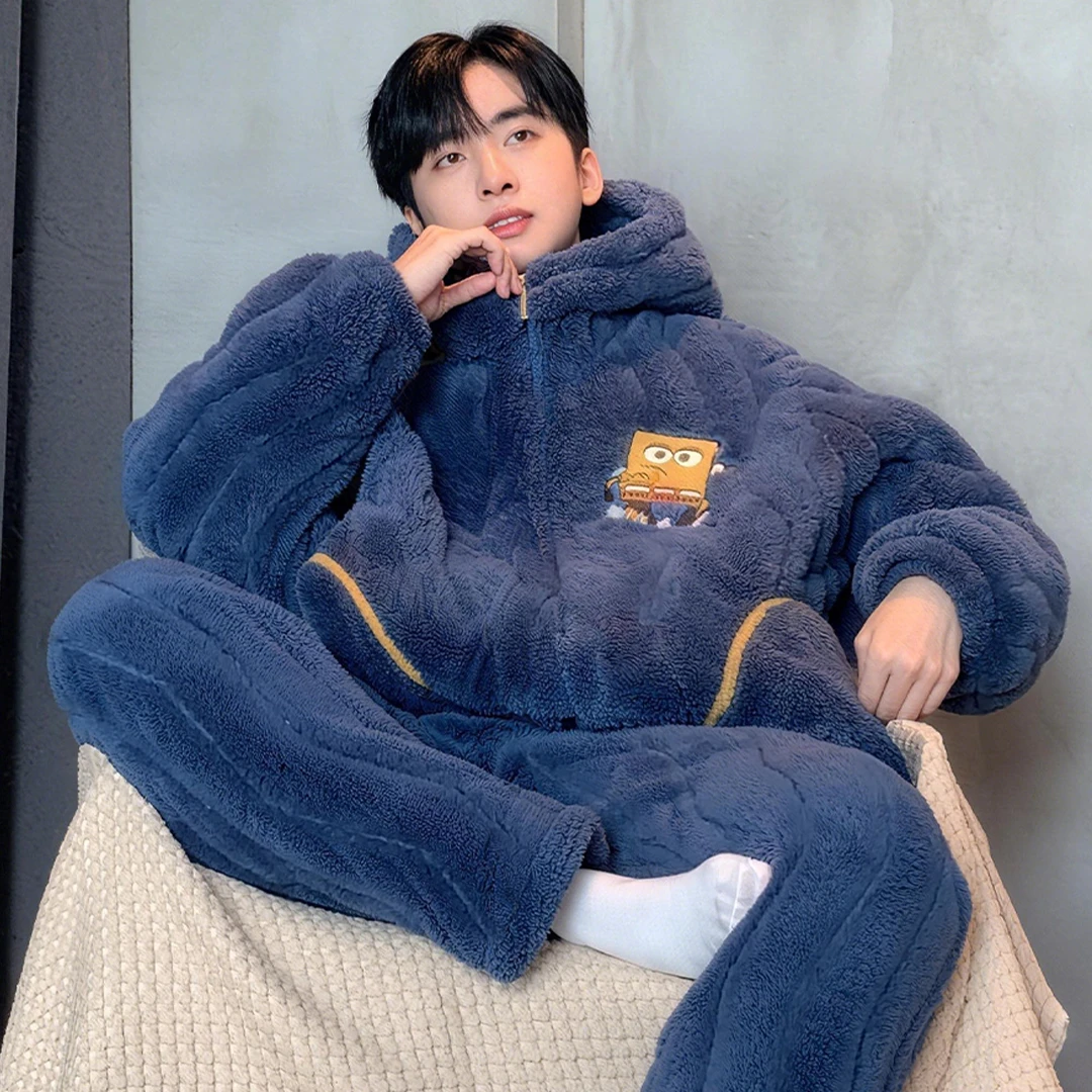 睡衣男款冬季珊瑚绒三层夹棉秋冬款青少年男孩加厚加绒家居服套装