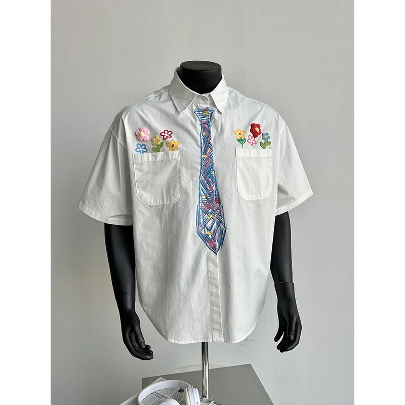 MTVO夏季新款百搭手绘领带短袖衬衫干净高级感男装时尚休闲情侣款