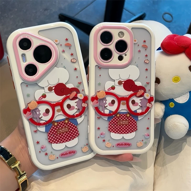 可爱眼镜框kitty适用iPhone16promax手机壳华为p70vivo小米15oppo