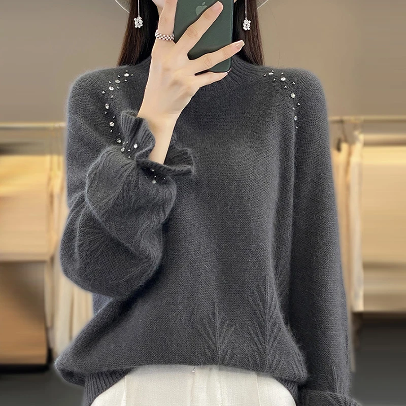 100%纯羊毛秋冬新款时尚半高领针织衫妈妈装女气质羊毛衫打底上衣