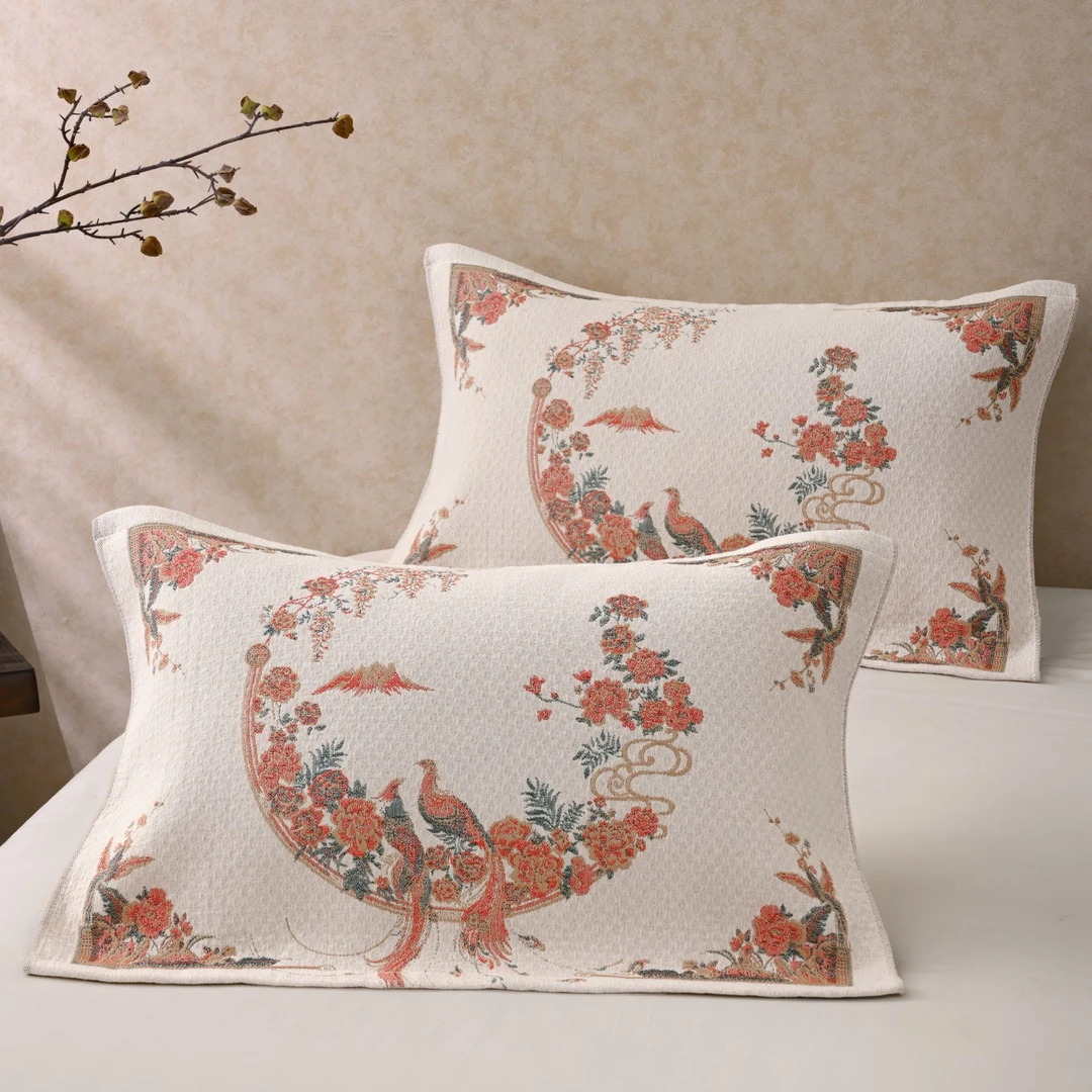 【原装正品】轻奢纱布枕巾一对两只50cm*80cm-孔雀花翎