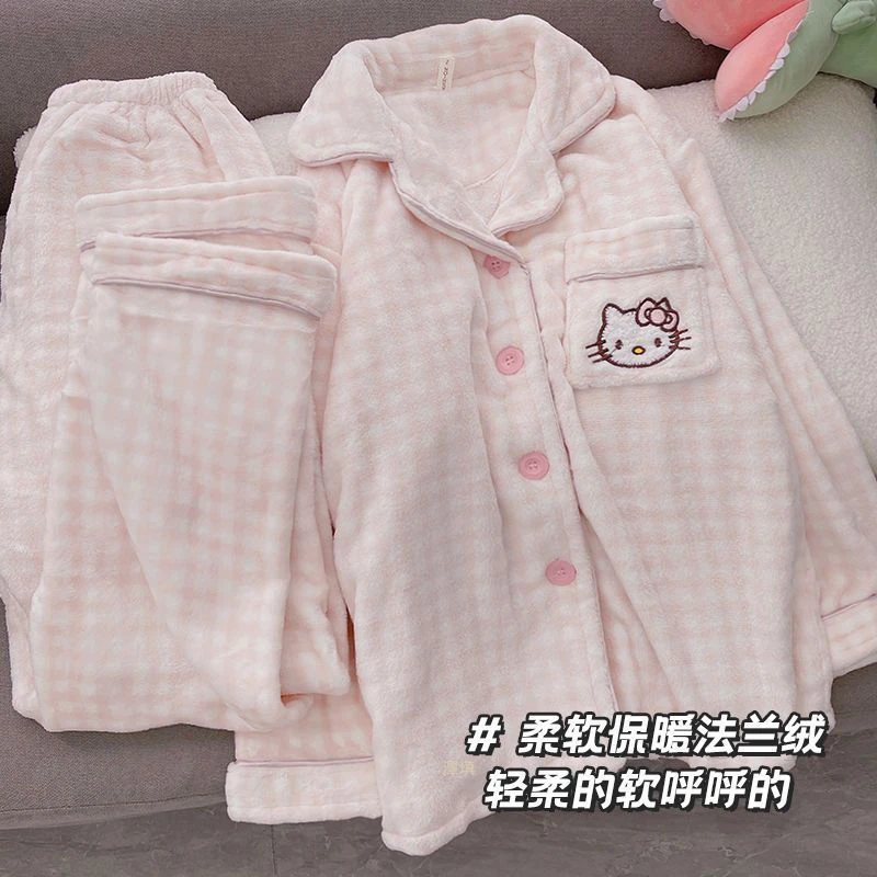 女童睡衣冬款法兰绒加厚保暖KT猫中大童初中生珊瑚绒睡衣女孩套装