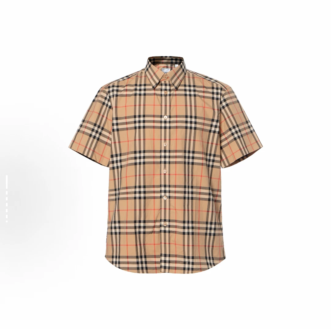 99新 BURBERRY/博柏利 经典复古格纹宽格短袖衬衫 男款 咖啡色S码