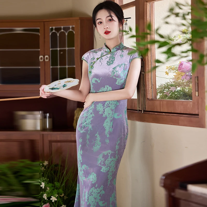 新中式旗袍2025夏季高端日常可穿改良老上海裙子素雅国风紫色礼服