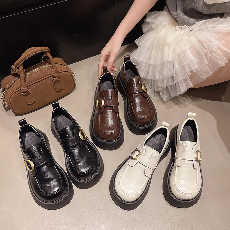 英伦风小皮鞋女2025春夏季新款松糕厚底圆头百搭魔术贴黑色乐福鞋