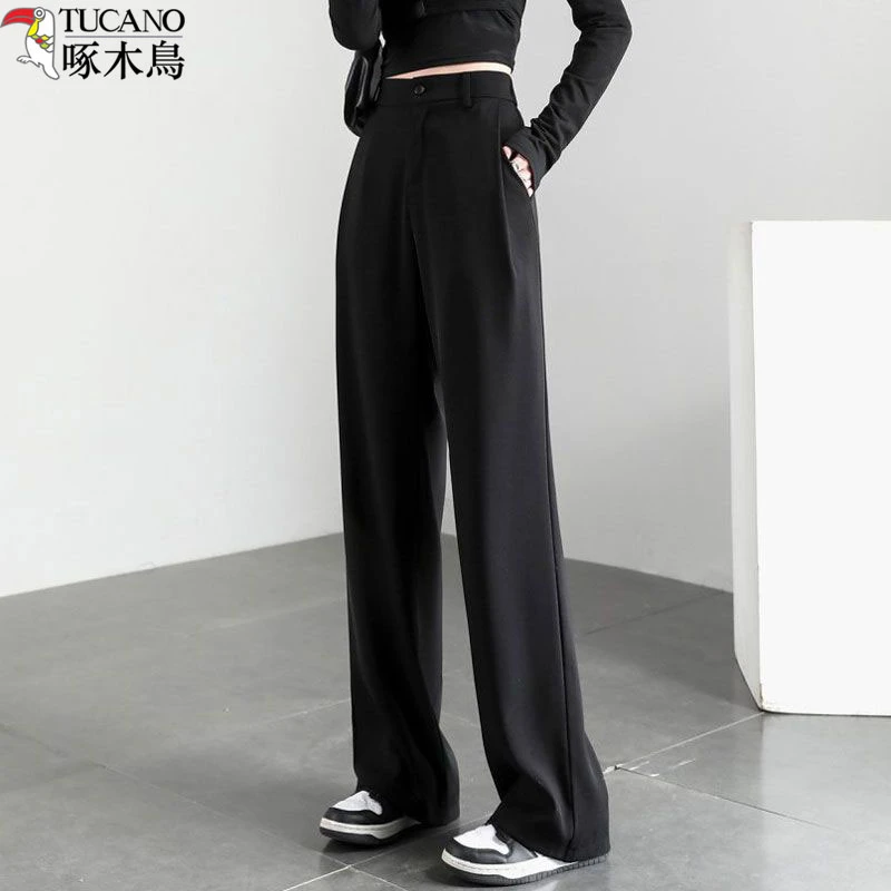 TUCANO/啄木鳥黑色窄版西装阔腿裤女春秋新款高腰显瘦直筒休闲裤