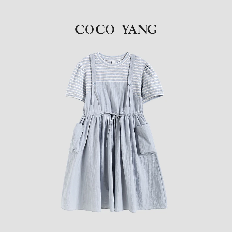 女大童舒适连衣裙条纹假两件简约文艺裙子圆领大女孩长裙-SU170