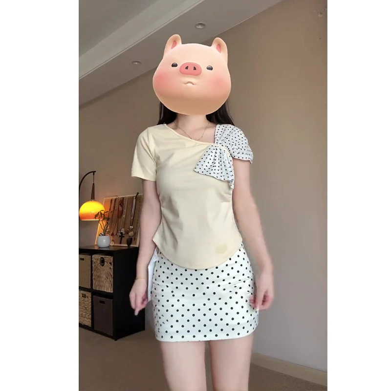 胖MM遮肉显瘦斜领露肩短袖小衫夏装款设计感蝴蝶结T恤大码上衣女