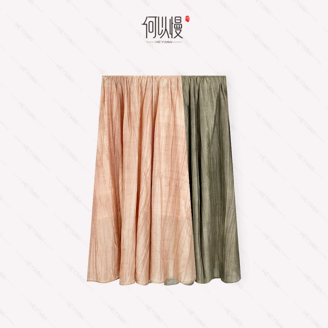 【何以慢】天丝混纺夏季文艺复古休闲显瘦A字松紧腰半身裙B4-A5274