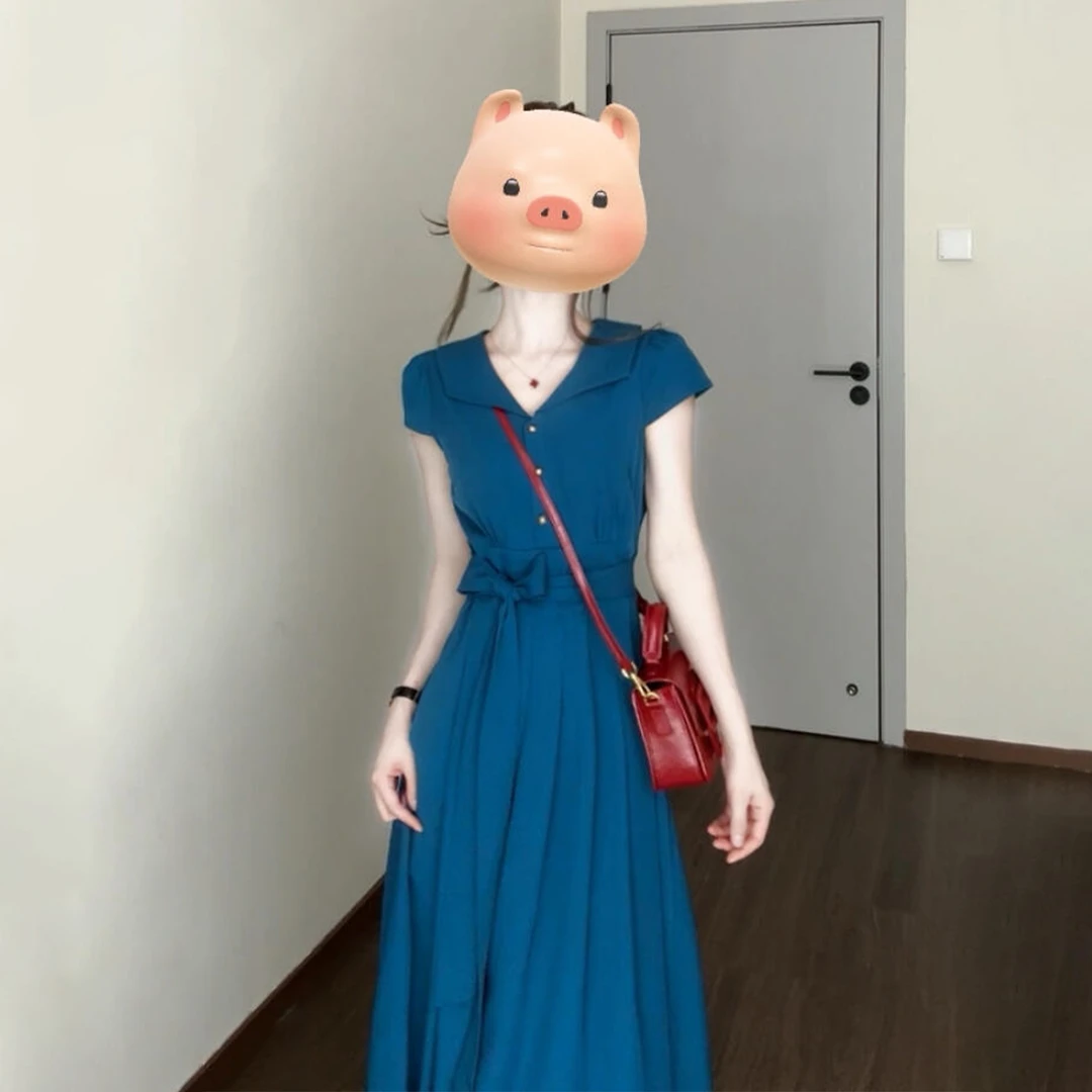 2025新款法式蓝色连衣裙子夏季女生韩系ins衣服气质长裙小众女装