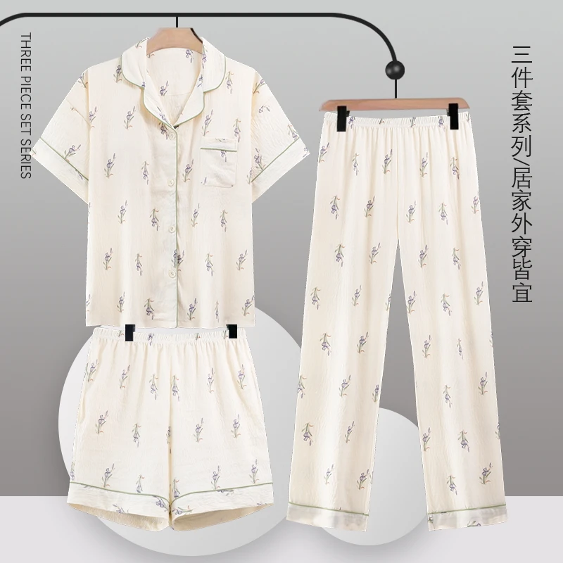 【带胸垫】女士新款翻领短袖三件套多巴胺家居服套装EB406