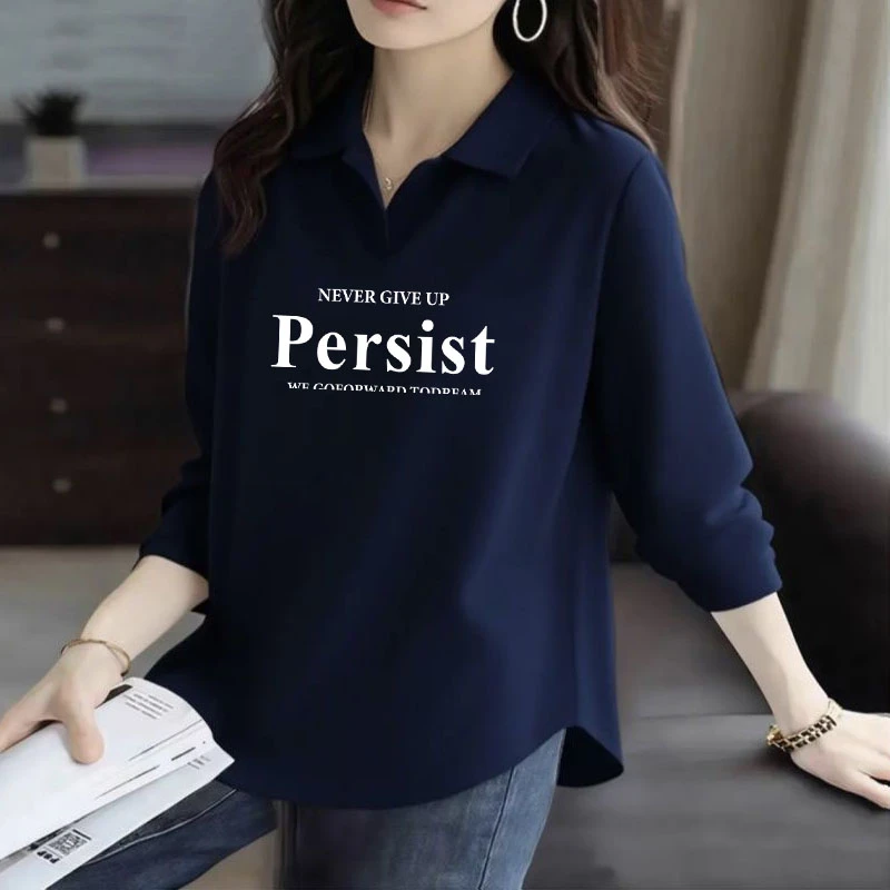 100%纯棉洋气长袖POLO衫女2025春秋新款翻领设计感弧形不规则上衣