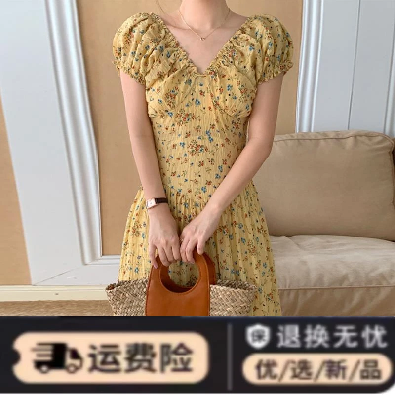 韩国chic夏季法式优雅V领褶皱感收腰显瘦中长款碎花桔梗连衣裙女