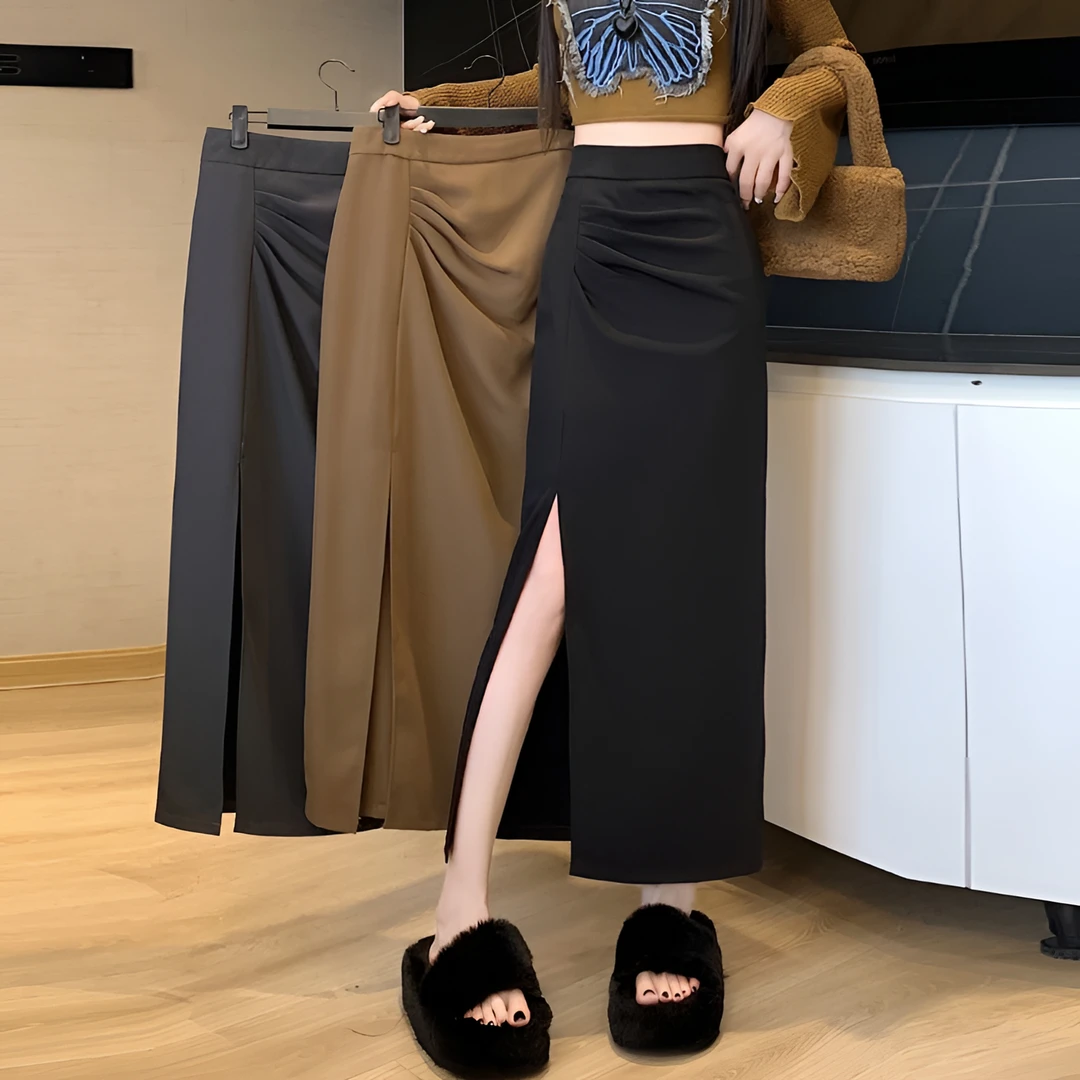 黑色西装显瘦半身裙女2025春夏新款开叉A字裙包臀裙长款裙直筒裙