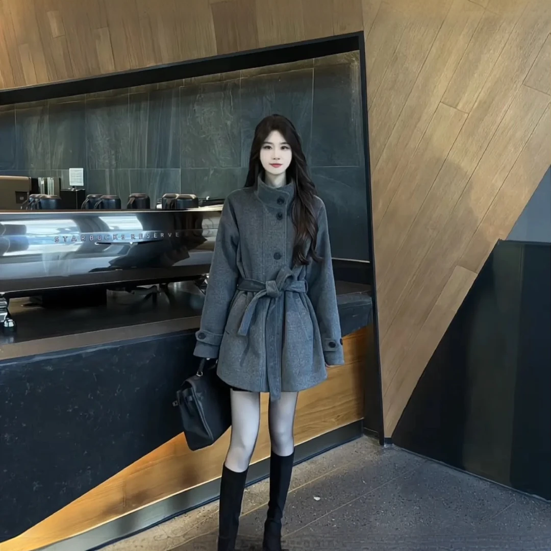 2024冬季新款加厚毛呢外套女甜妹黑色高级设计款呢子大衣外套女