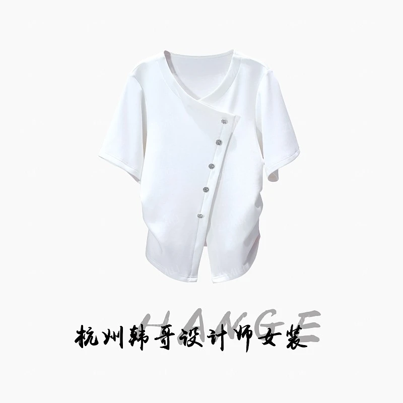 【韩哥女装】欧版设计小众月光白钉扣V领时尚高克重短袖9670