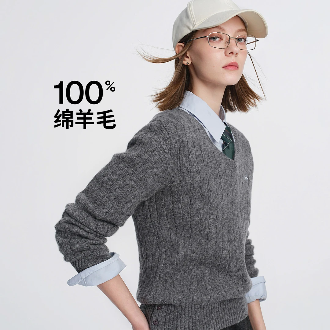 [丝光纯羊毛]navigare意大利小帆船绞花V领毛衣女软糯套头羊毛衫