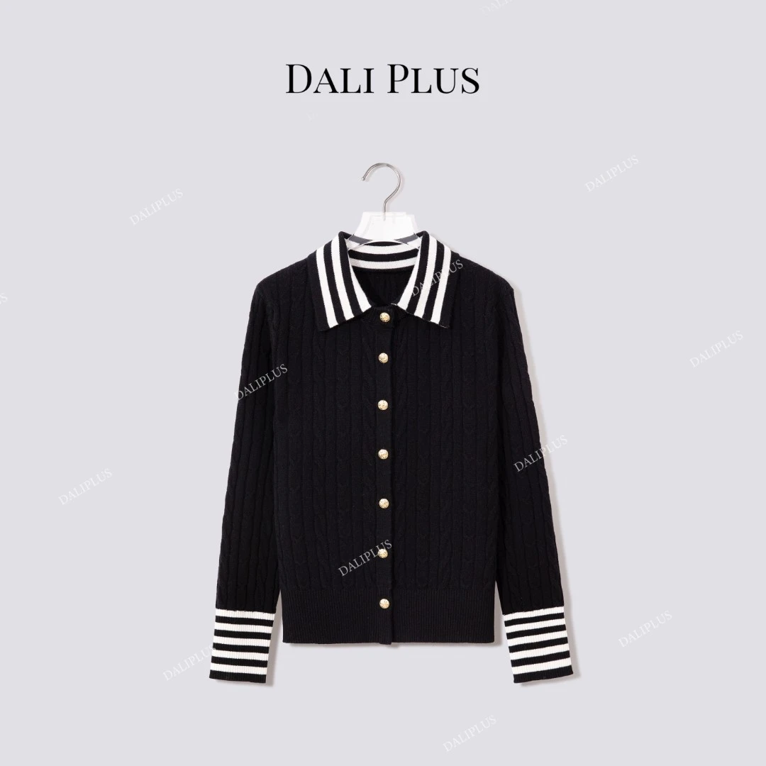DALI PLUS“条纹翻领全羊毛针织”厚款针织开衫-D5SZ8211