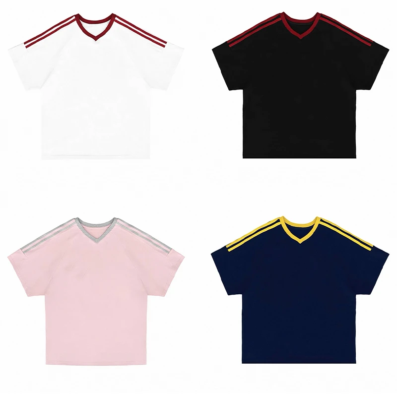 三条杠纯棉短袖T恤女夏季2025新款冷酷休闲风V领宽松拼接纯色上衣