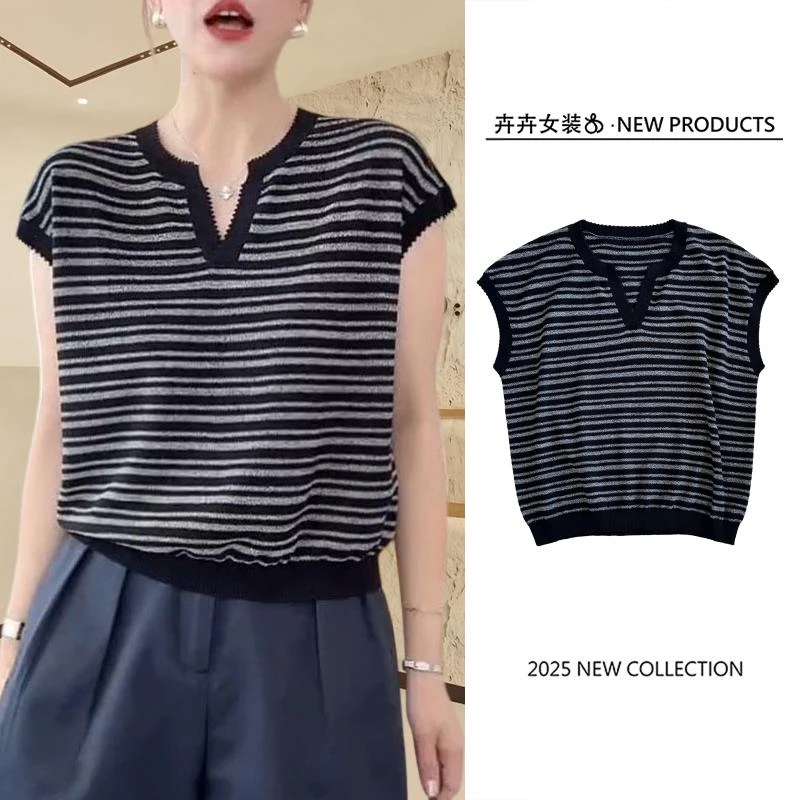 夏季宽松洋气V领短袖针织衫女2025新款时尚百搭休闲韩版条纹小衫