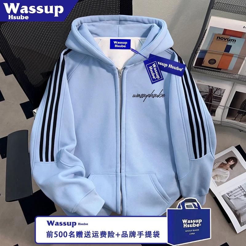WASSUP HSUBE简约英文印花卫衣男女款拉链外套秋冬休闲连帽开衫潮