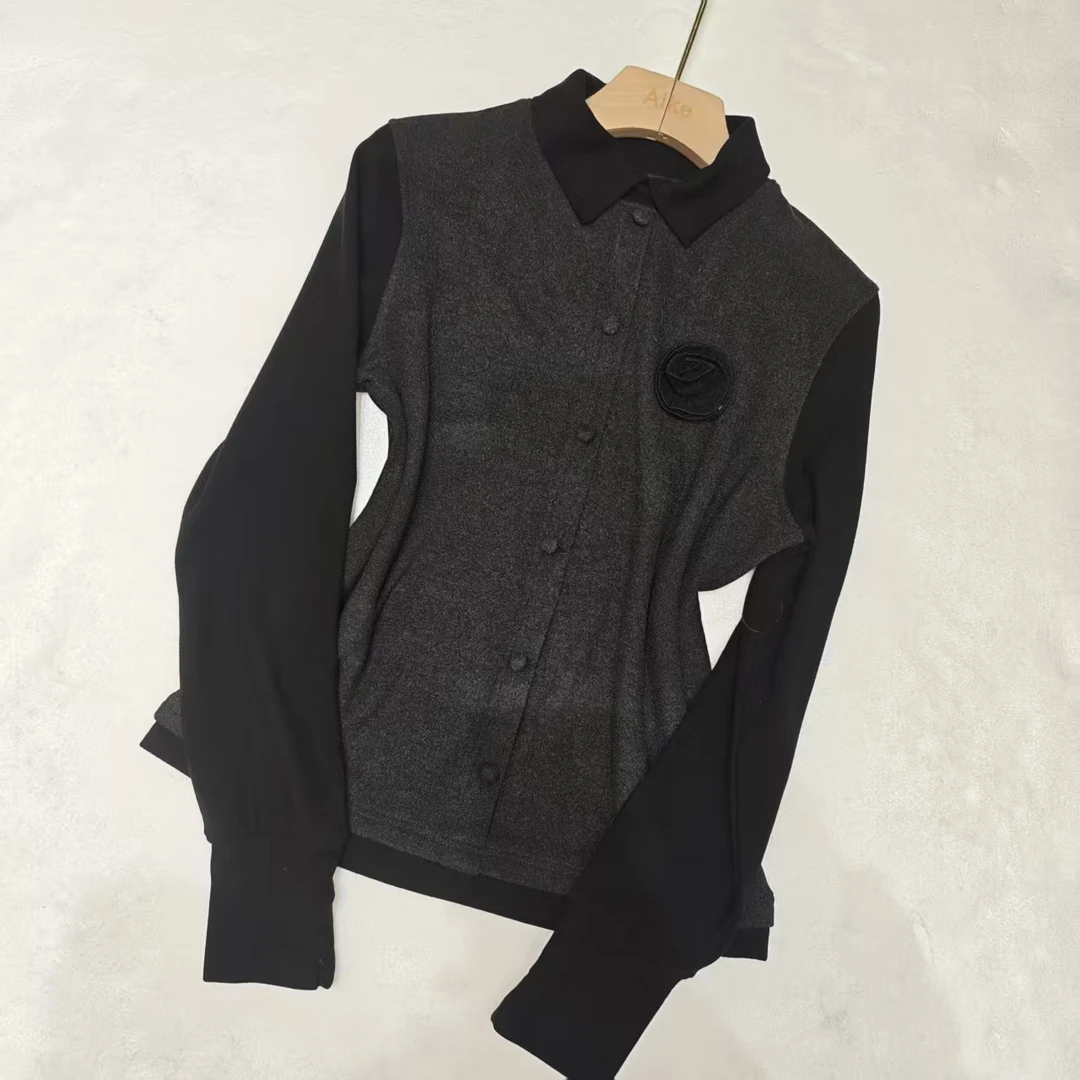 5568秋冬新款立体花朵设计感长袖时尚拼色气质显瘦修身打底衫女