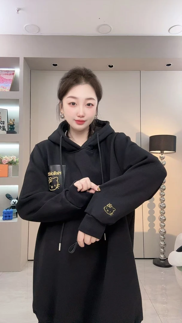 大码显瘦连帽加绒加厚卫衣中长加长保暖宽松百搭卡通冬季女款kt猫