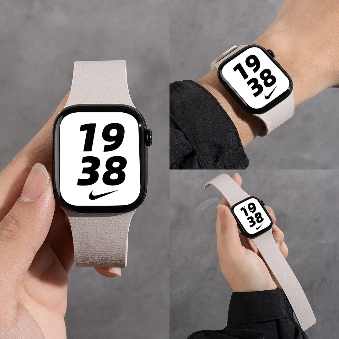 适用iwatch11苹果手表S10表带applewatch9磁吸SE荔枝纹8硅胶7表带