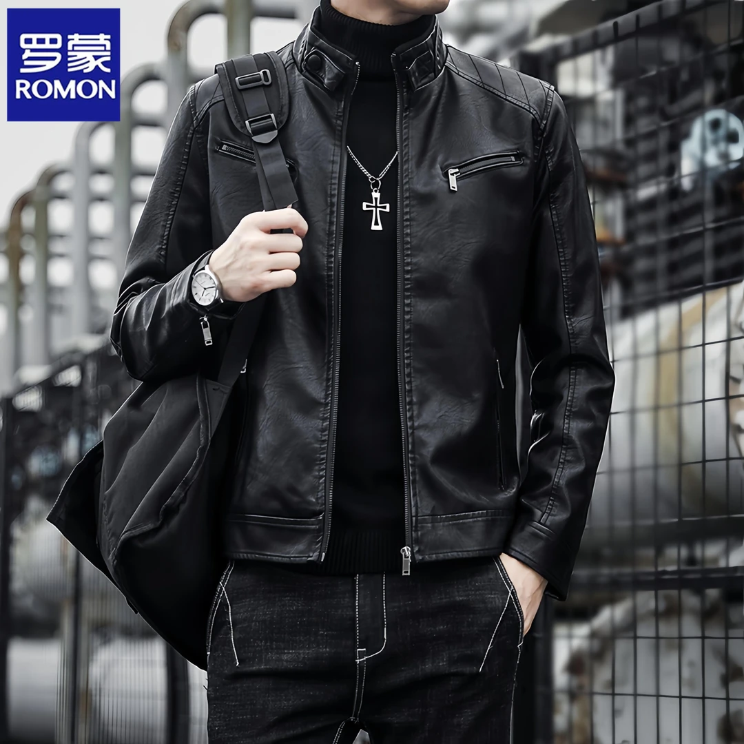 Romon/罗蒙春秋季男士痞帅夹克皮衣潮流百搭休闲拉链防风男装外套