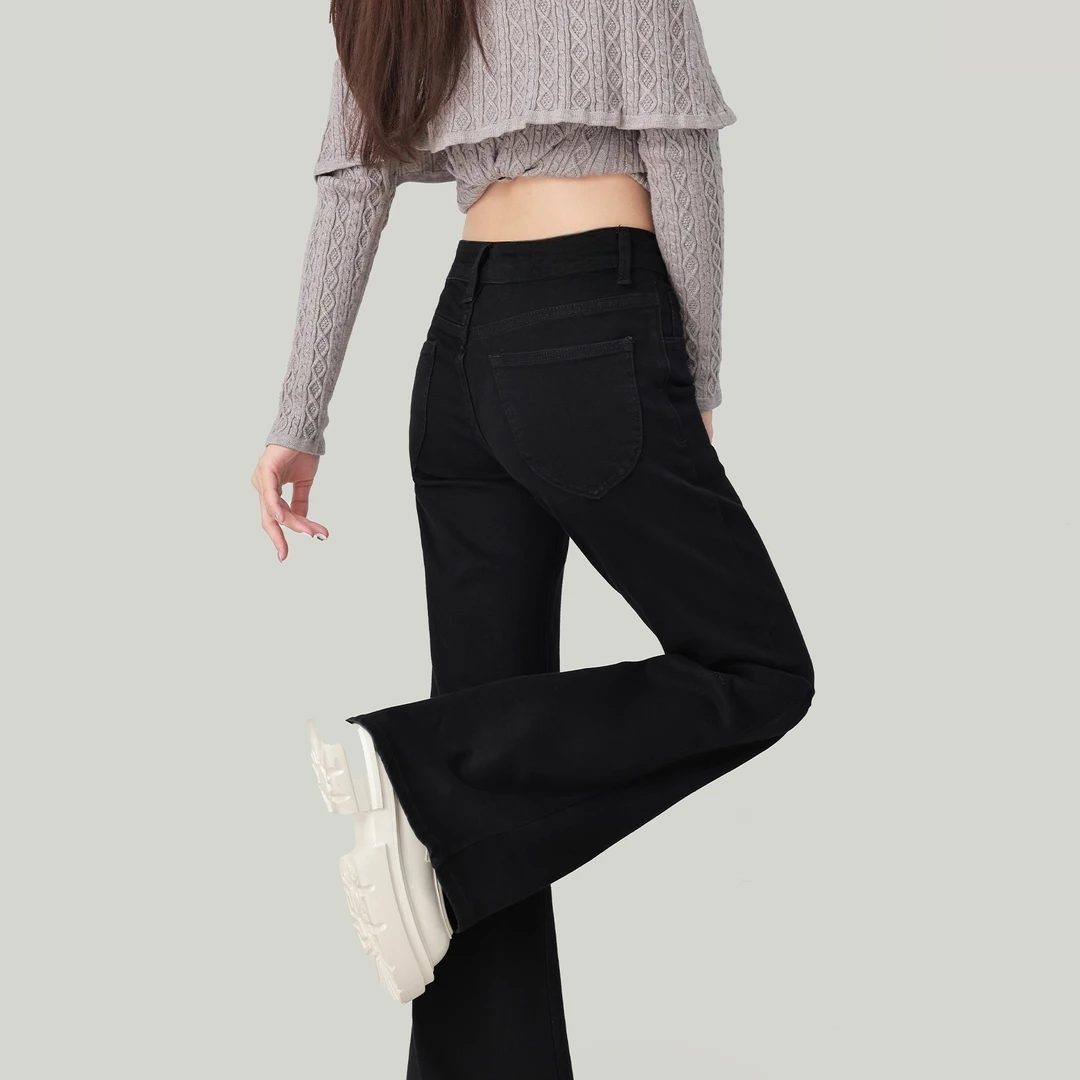 黑色微喇牛仔裤女弹力秋冬季新款高个子高腰阔腿喇叭春秋加长裤子