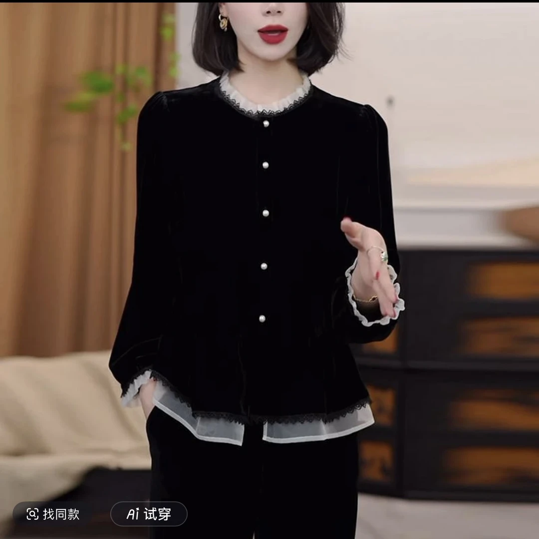 1法式荷叶边衬衫女士秋季新款时尚气质休闲显瘦设计感丝绒上衣