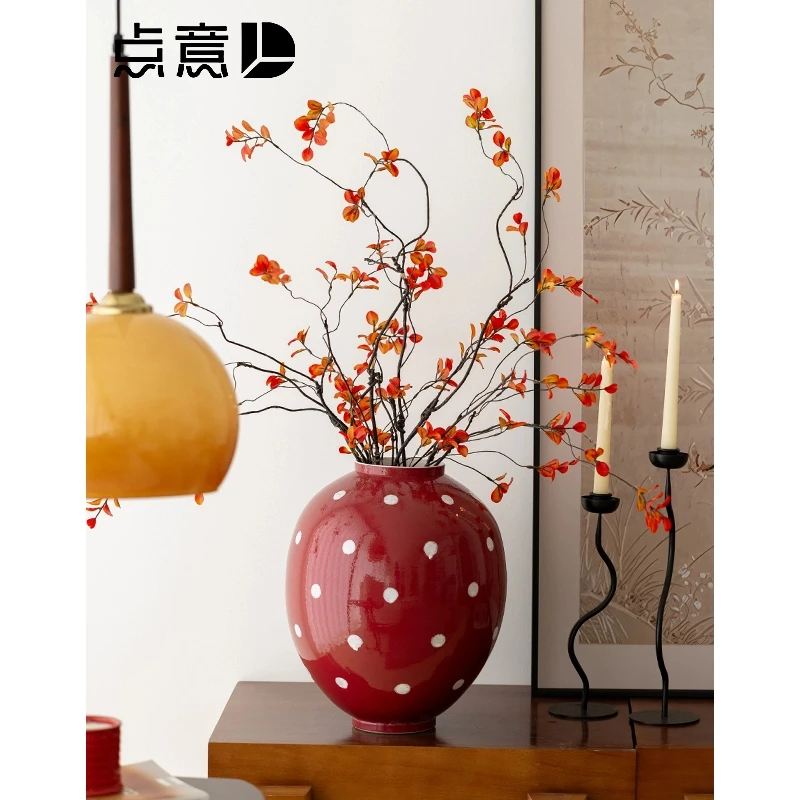 陶瓷花瓶草莓红色手工波点大肚花器景德镇摆件高级感复古港风水培