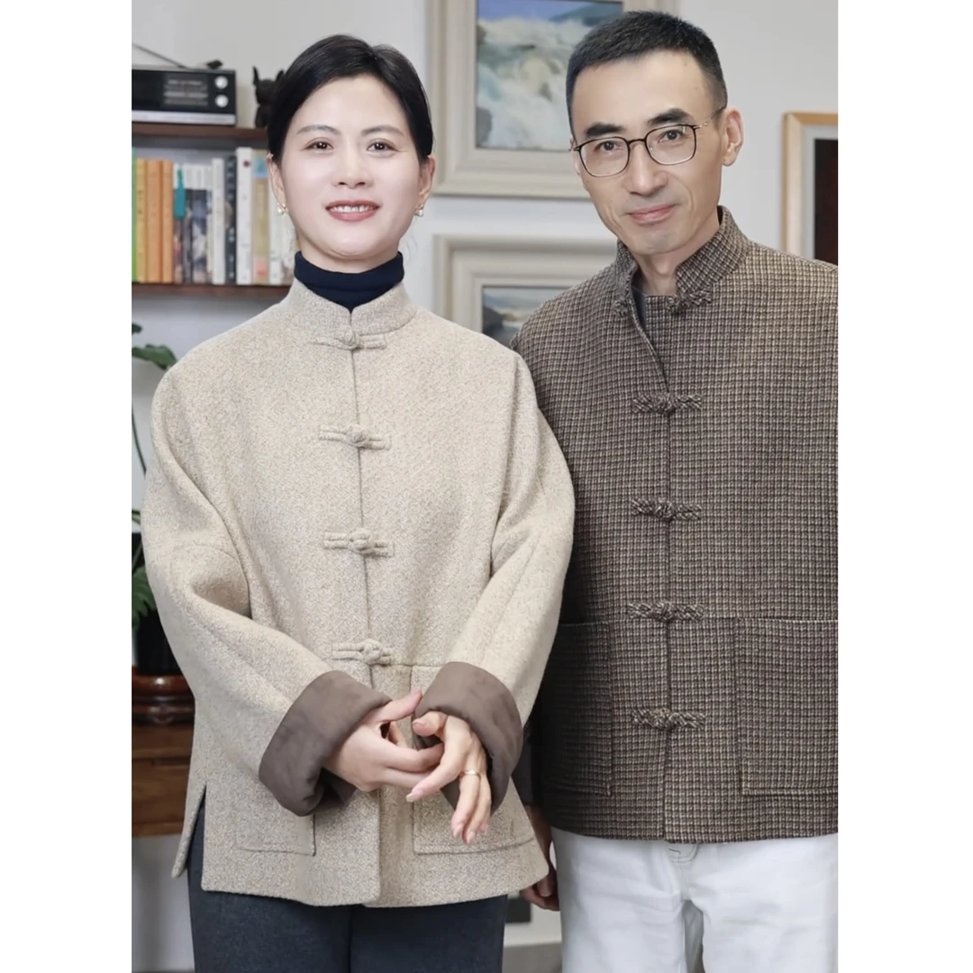 YANER/燕尔100绵羊毛双面呢新中式盘扣外套女秋冬立领上衣