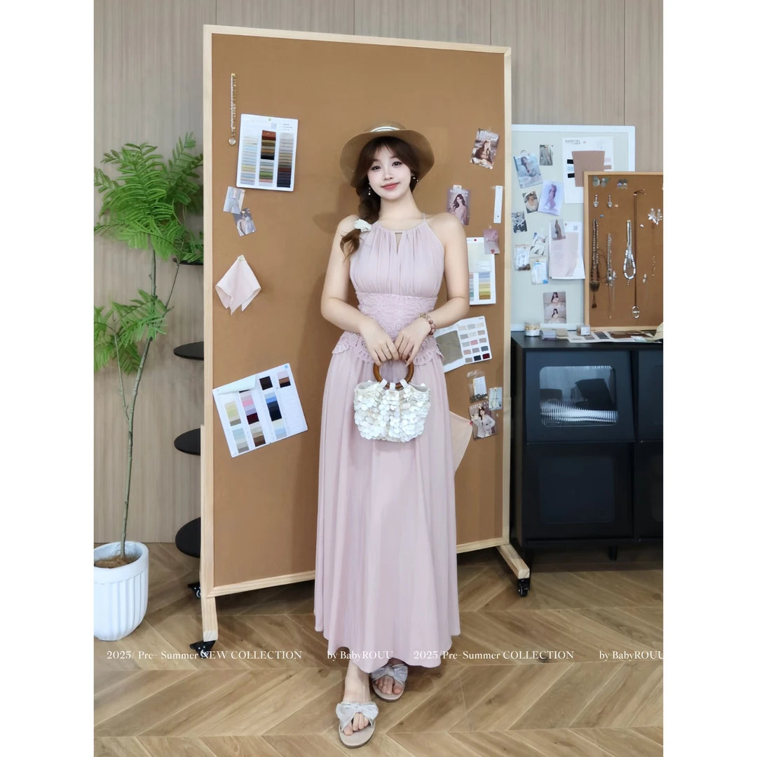 【粉雾海】 温与柔罗马风挂脖连衣裙梦幻仙气蕾丝拼接吊带裙