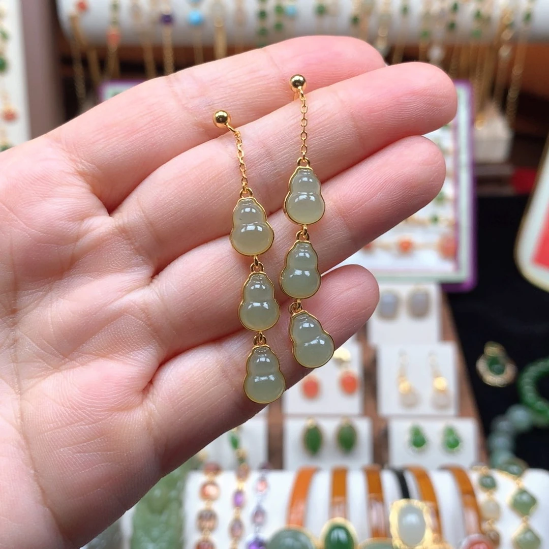 和田玉银S925镀金镶嵌耳饰