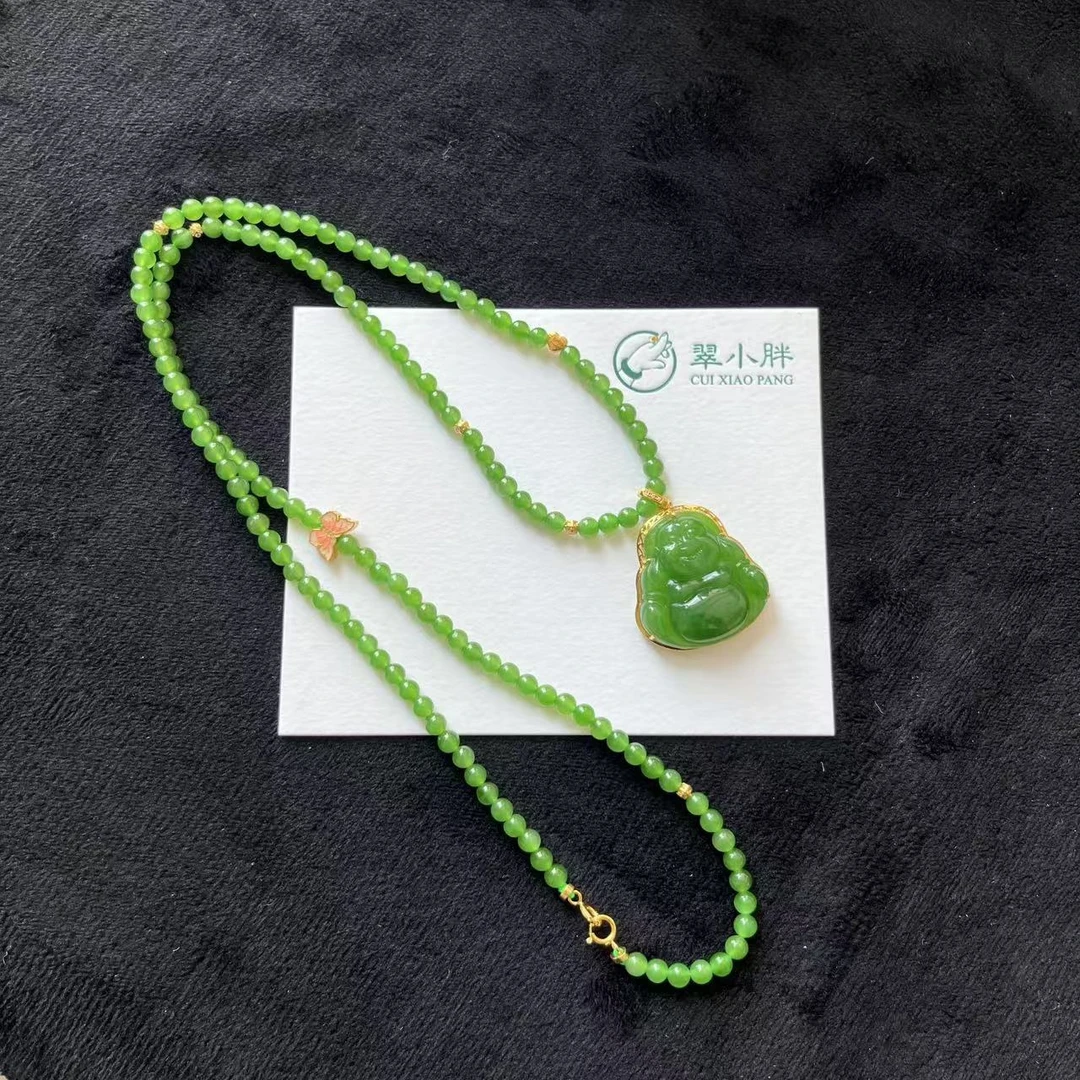 翠小胖三号店  18K和田玉小米珠绿佛公项链