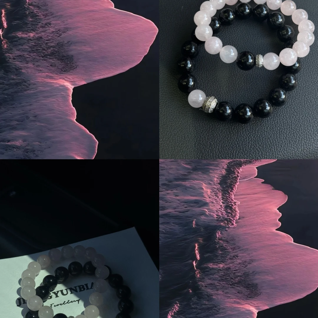 BlackPink【七夕礼物】银曜石情侣款桃花爱情天然水晶手串粉水晶