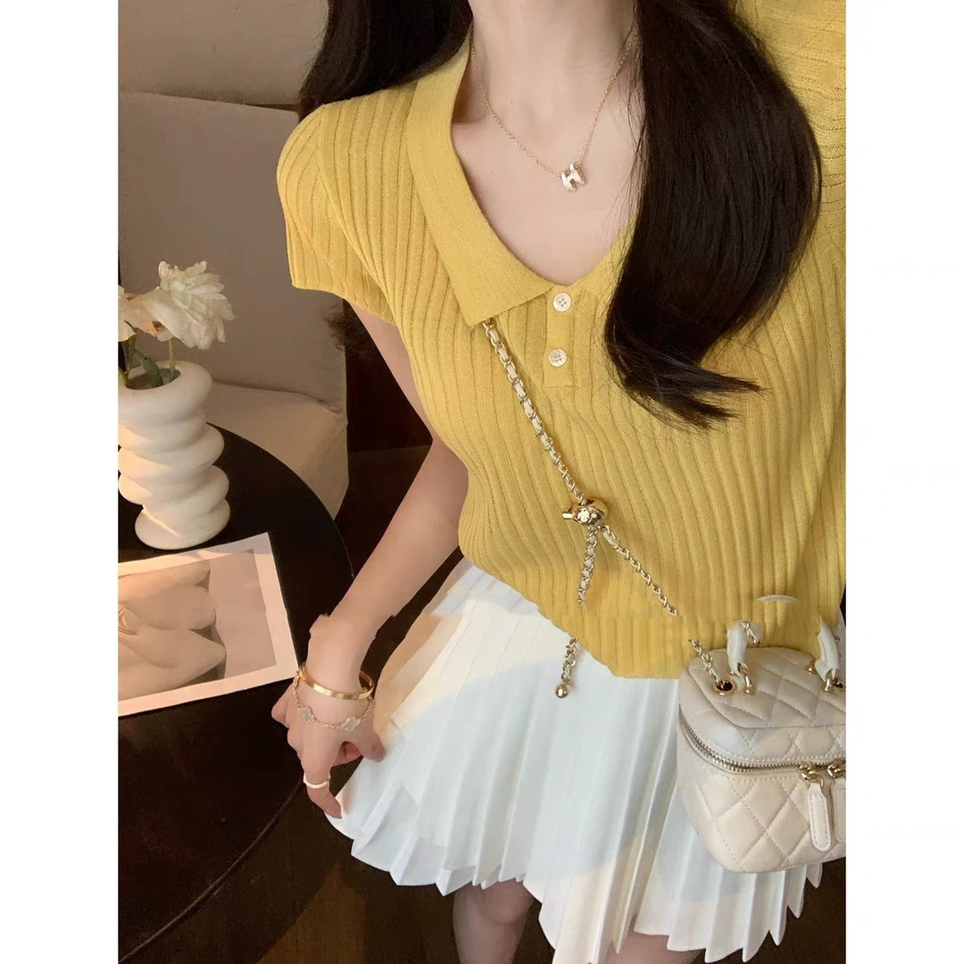 【运补】新款百搭短款简约polo领冰丝短袖针织衫夏季韩版显瘦