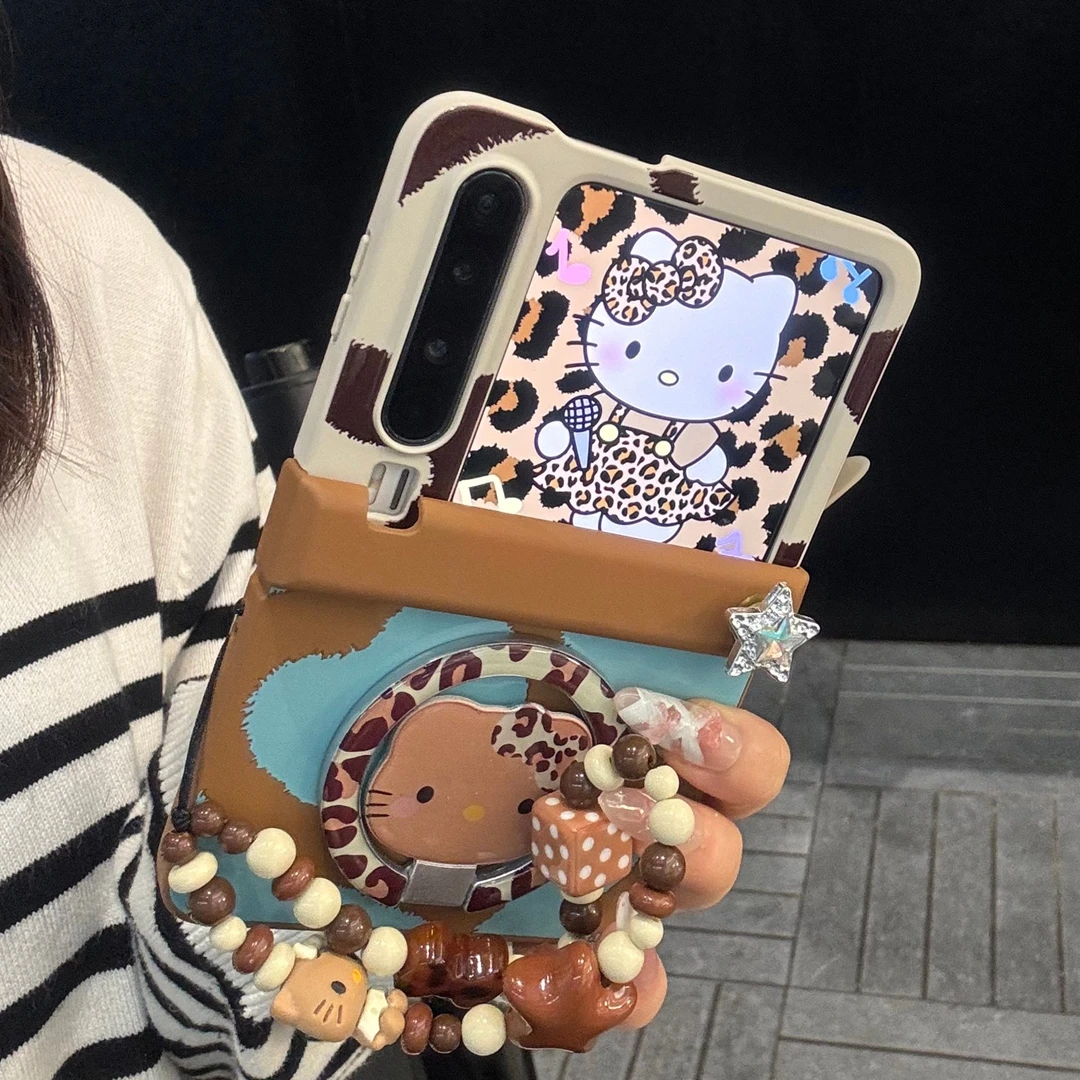 适用华为purax折叠屏手机壳蓝棕豹纹pocket2kt猫折叠磁吸支架链条