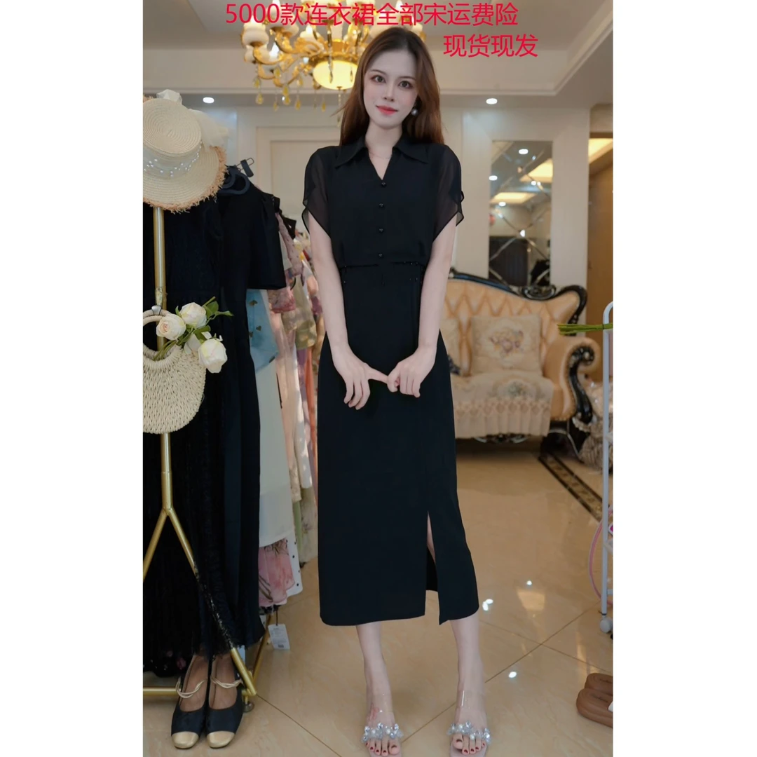 法式高级感黑色连衣裙气质通勤修身开叉裙子A47174