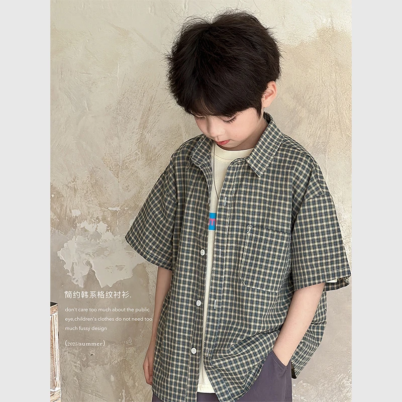 虾酱麻麻男童纯棉短袖衬衫夏装2025新款男孩上衣格子儿童衬衣外套