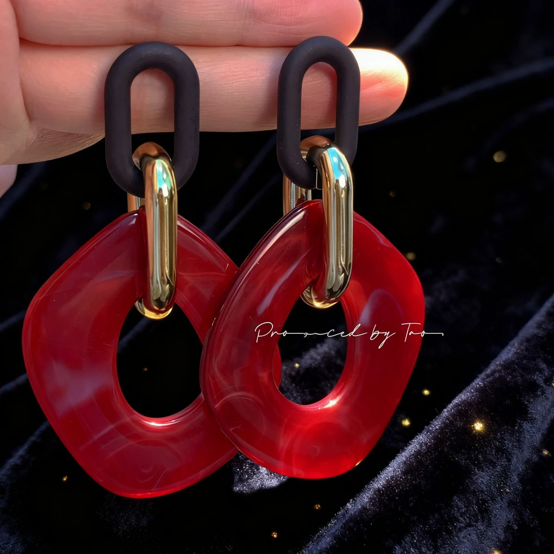 非金属亚克力耳饰 夸张潮流港风撞色亚克力链条耳环（7.5CM）V