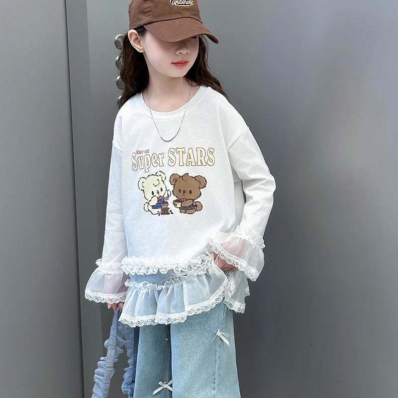 女童春季卫衣2025新款洋气时尚卡通蕾丝打底衫6-12岁中大童衣服潮