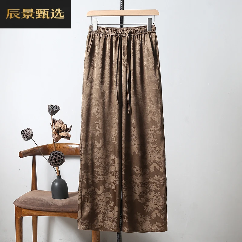 夏季国风提花直筒裤薄款松紧腰百搭中老年抽绳窄版中式阔腿长裤女